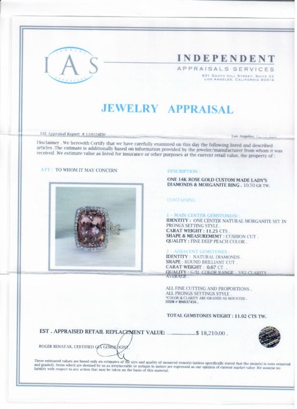 Photo 1 of ORIANNE 11.25ct MORGANITE & 0.67ctw DDIAMOND 14K ROSE GOLD RING SIZE 7 1/4, 10.50 GR TW WITH APPRAISAL - RN037456
