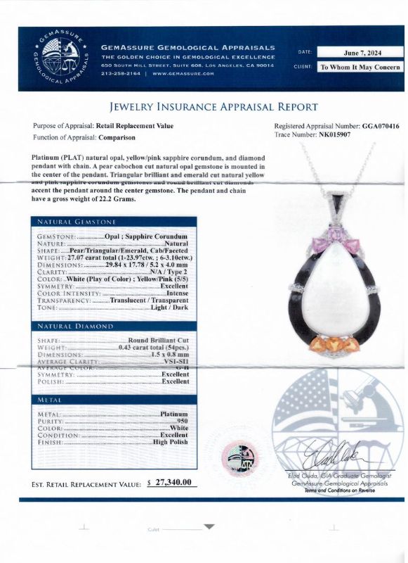 Photo 1 of ORIANNE 23.97ct OPAL, 3.10ctw YELLOW/PINK SAPPHIRE & 0.43ctw DIAMOND PLATINUM PENDANT NECKLACE SIZE 17", GROSS WEIGHT 22.2 grams WITH APPRAISAL - NK015907
