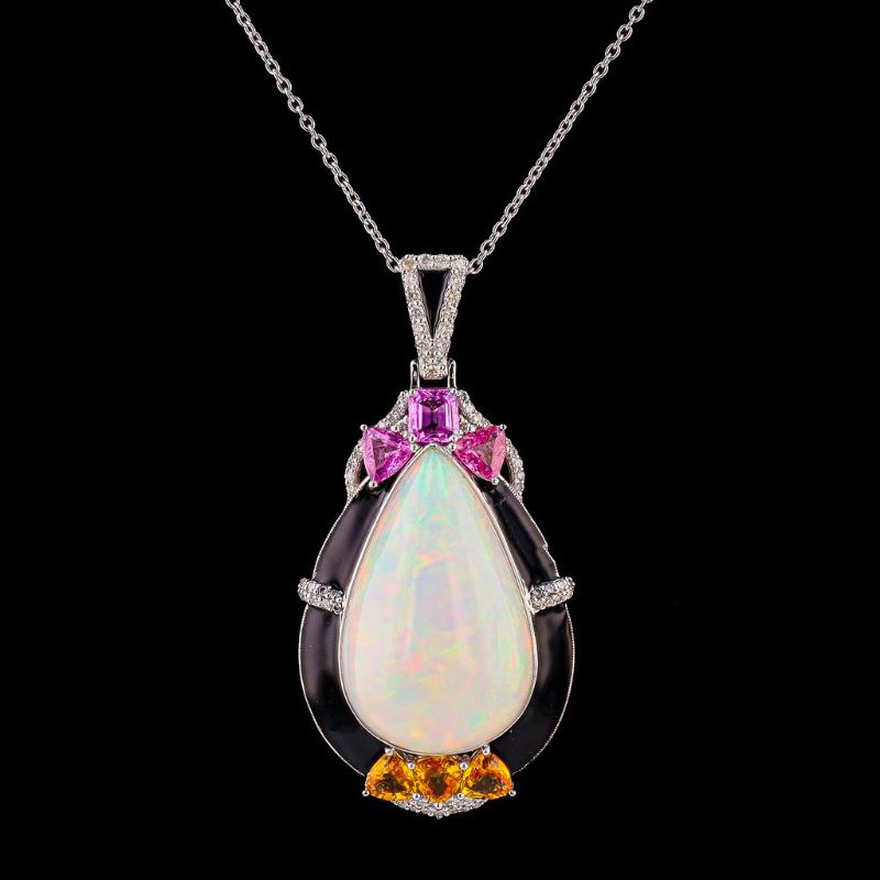 Photo 1 of ORIANNE 23.97ct OPAL, 3.10ctw YELLOW/PINK SAPPHIRE & 0.43ctw DIAMOND PLATINUM PENDANT NECKLACE SIZE 17", GROSS WEIGHT 22.2 grams WITH APPRAISAL - NK015907
