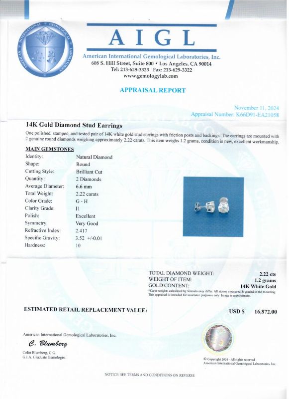 Photo 1 of ORIANNE 2.22ctw G to H COLOR I1 CLARITY DIAMOND 14K WHITE GOLD STUD EARRINGS WITH APPRAISAL - ER007811
