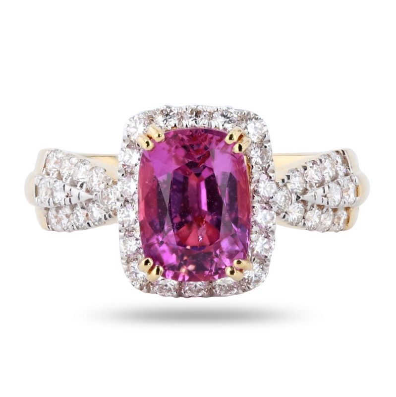 Photo 1 of ORIANNE 2.71ct PURPLISH-PINK SAPPHIRE & 0.66ctw DIAMOND 18K YELLOW GOLD RING SIZE 6 1/2, TOTAL WEIGHT 4.90 Grams WITH APPRAISAL (GIA CERTIFIED) - RN029991
