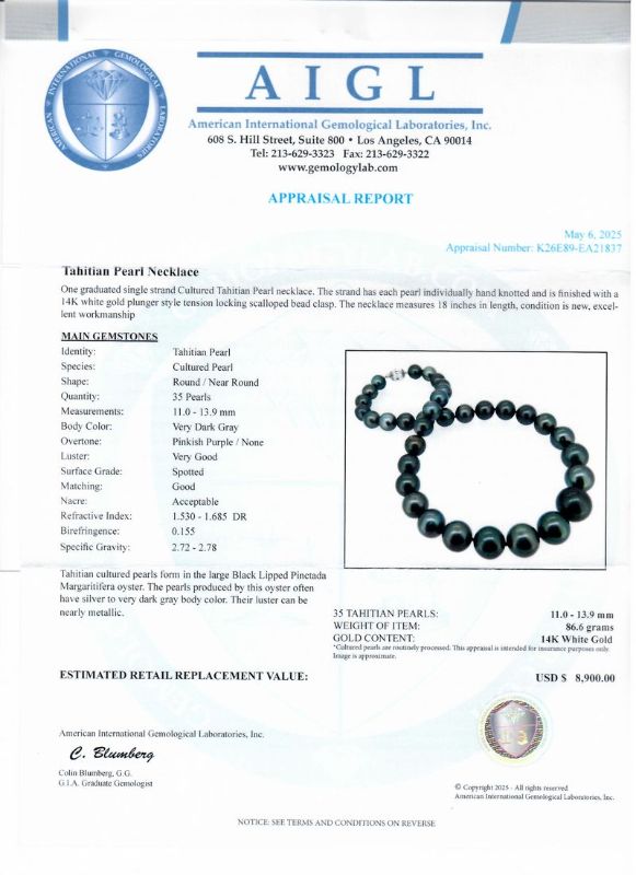 Photo 1 of ORIANNE 11mm to 13mm TAHITIAN CULTURED PEARL NECKLACE WITH 14K WHITE GOLD CLASP WEIGHT OF ITEM: 86.6 grams  SIZE: 18"  WITH APPRAISAL - NK016749
