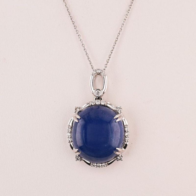 Photo 1 of ORIANNE 29.27ct BLUE BURMESE SAPPHIRE & 0.27ctw DIAMOND PLATINUM PENDANT NECKLACE SIZE 18" WITH APPRAISAL -  NK015950   
