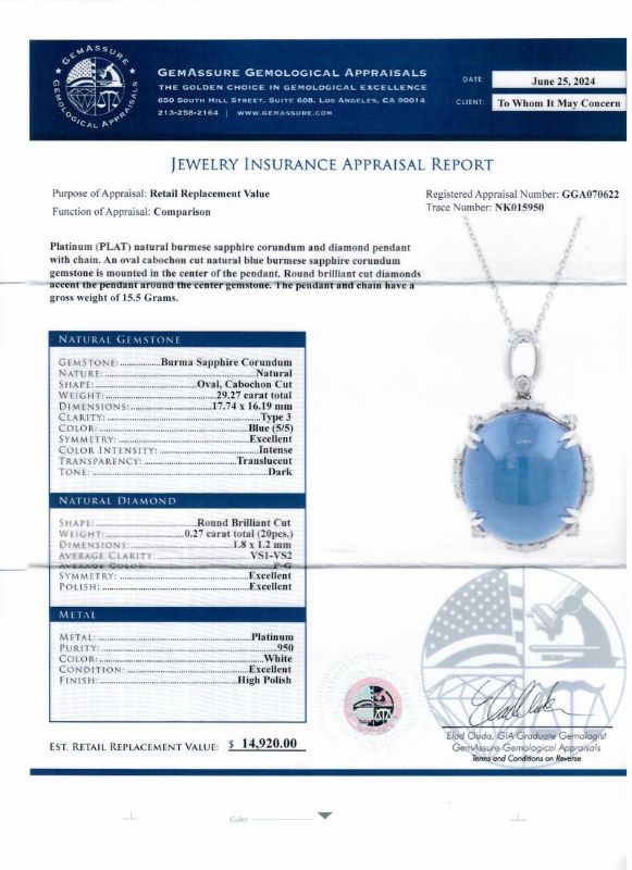 Photo 1 of ORIANNE 29.27ct BLUE BURMESE SAPPHIRE & 0.27ctw DIAMOND PLATINUM PENDANT NECKLACE SIZE 18" WITH APPRAISAL -  NK015950   
