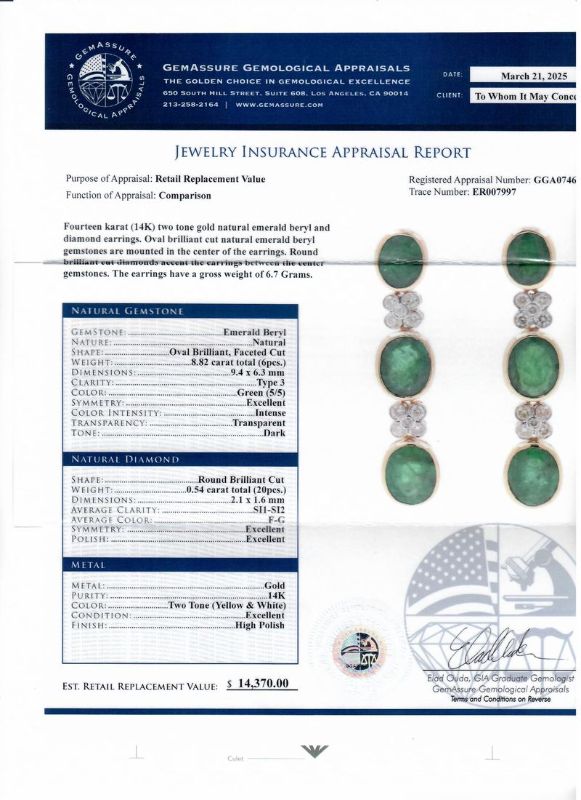 Photo 1 of ORIANNE 8.82ctw EMERALD & 0.54ctw DIAMOND 14K YELLOW & WHITE GOLD DANGLE EARRINGS, DIMENSIONS: 2.1 x 1.6mm WITH APPRAISAL - ER007997

