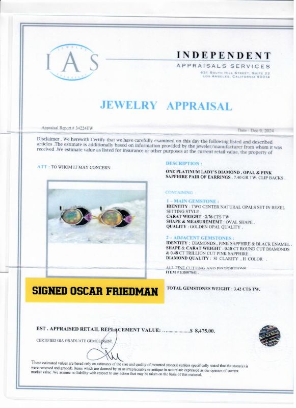 Photo 1 of ORIANNE 2.76ctw OPAL, 0.48ctw PINK SAPPHIRE & 0.18ctw DIAMOND PLATINUM EARRINGS TOTAL GEMSTONES WEIGHT: 3.42 CTS TW WITH APPRAISAL - ER007841 

