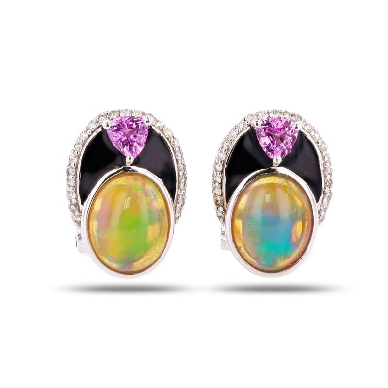 Photo 1 of ORIANNE 2.76ctw OPAL, 0.48ctw PINK SAPPHIRE & 0.18ctw DIAMOND PLATINUM EARRINGS TOTAL GEMSTONES WEIGHT: 3.42 CTS TW WITH APPRAISAL - ER007841 

