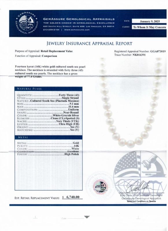 Photo 1 of ORIANNE 9MM to 11MM WHITE SOUTH SEA CULTURED PEARL NECKLACE WITH 14K WHITE GOLD CLASP SIZE 18" WITH APPRAISAL - NK016391
