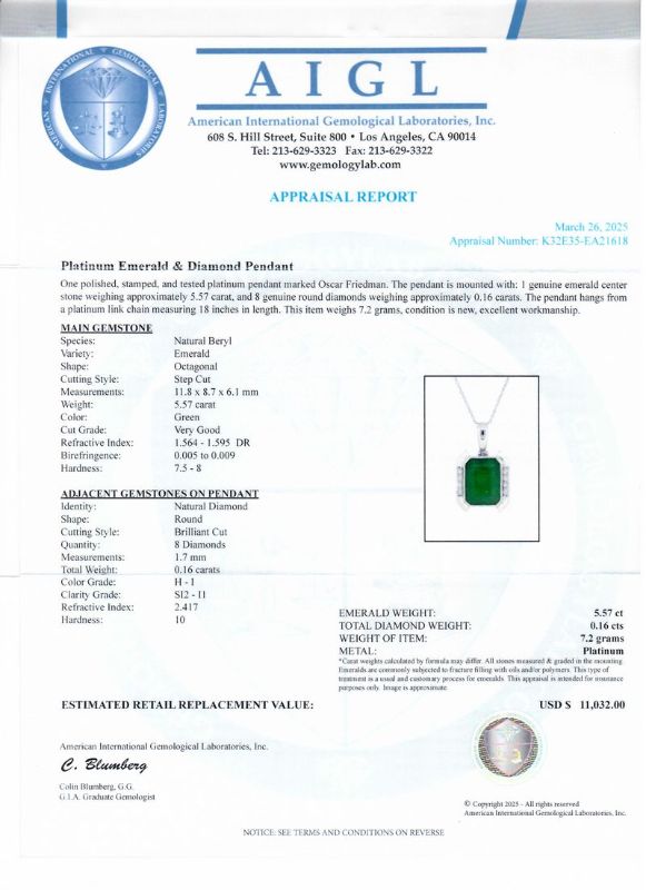 Photo 1 of ORIANNE 5.57ct EMERALD & 0.16ctw DIAMOND PLATINUM PENDANT NECKLACE SIZE 18" WITH APPRAISAL - NK016634
