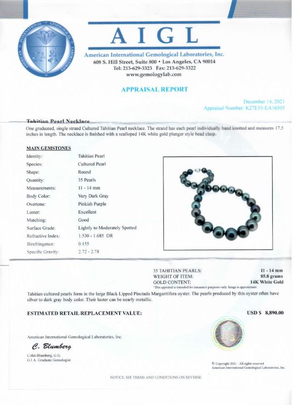 Photo 1 of ORIANNE 11MM to 14MM TAHITIAN CULTURED PEARL NECKLACE  WITH 14K WHITE GOLD CLASP SIZE 17 1/2" WITH APPRAISAL - NK013735

