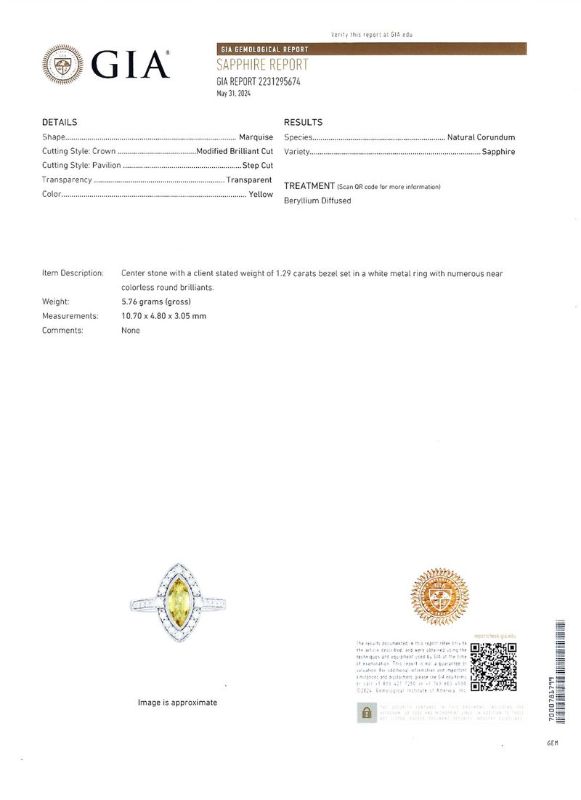 Photo 1 of ORIANNE 1.29ct YELLOW SAPPHIRE & 0.41ctw DIAMOND PLATINUM RING, WEIGHT OF ITEM: 5.7 grams,  SIZE 6 3/4 WITH APPRAISAL  (GIA CERTIFIED) - RN036833
