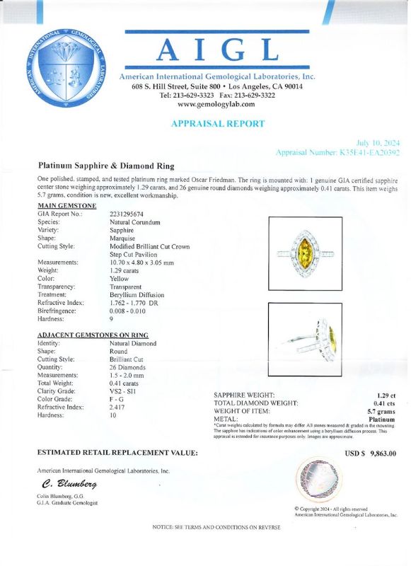 Photo 1 of ORIANNE 1.29ct YELLOW SAPPHIRE & 0.41ctw DIAMOND PLATINUM RING, WEIGHT OF ITEM: 5.7 grams,  SIZE 6 3/4 WITH APPRAISAL  (GIA CERTIFIED) - RN036833

