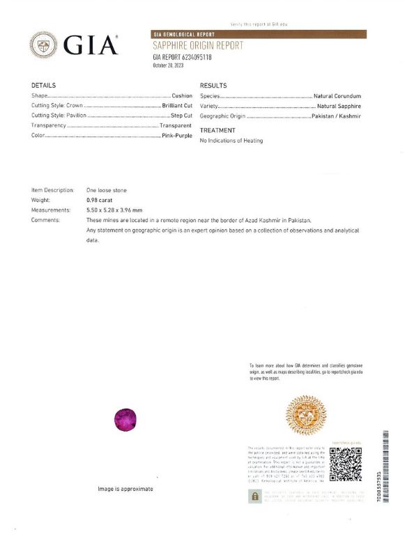 Photo 1 of ORIANNE 0.98ct UNHEATED PINK PURPLE KASHMIR SAPPHIRE & 0.44ctw DIAMOND PLATINUM RING, WEIGHT OF ITEM: 3.9 grams  Size: 7 WITH APPRAISAL (GIA CERTIFIED)
