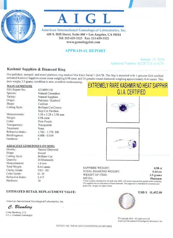 Photo 1 of ORIANNE 0.98ct UNHEATED PINK PURPLE KASHMIR SAPPHIRE & 0.44ctw DIAMOND PLATINUM RING, WEIGHT OF ITEM: 3.9 grams  Size: 7 WITH APPRAISAL (GIA CERTIFIED)
