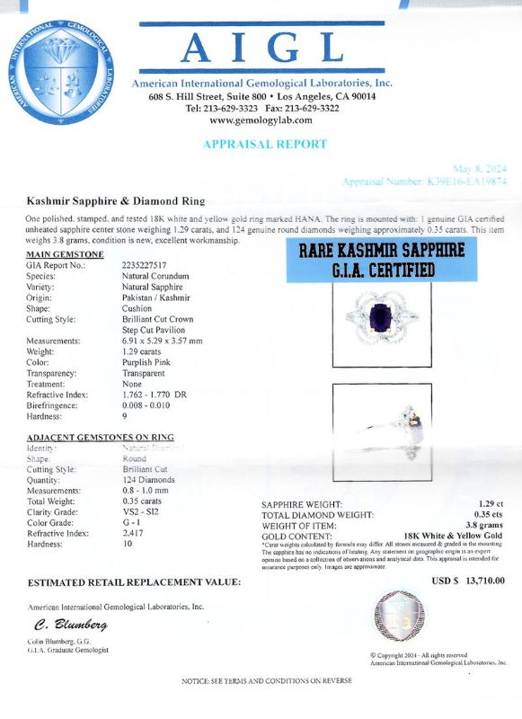 Photo 1 of ORIANNE 1.29ct PURPLISH PINK KASHMIR SAPPHIRE & 0.35ctw DIAMOND 18K WHITE & YELLOW GOLD RING SIZE 6 1/4 , WEIGHT OF ITEM: 3.8 grams WITH APPRAISAL (GIA CERTIFIED) - RN036263
