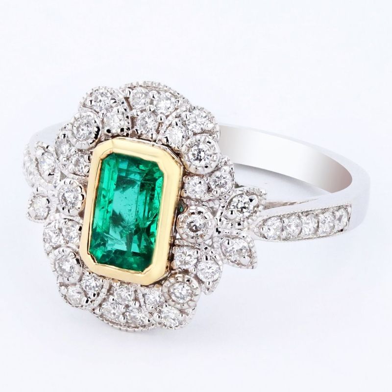 Photo 1 of ORIANNE 0.87ct EMERALD & 0.42ctw DIAMOND 18K WHITE & YELLOW GOLD RING SIZE 6 1/2 WITH APPRAISAL - RN031354

