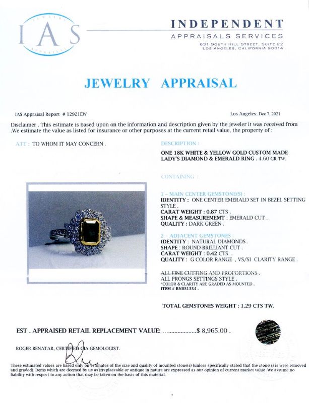 Photo 1 of ORIANNE 0.87ct EMERALD & 0.42ctw DIAMOND 18K WHITE & YELLOW GOLD RING SIZE 6 1/2 WITH APPRAISAL - RN031354
