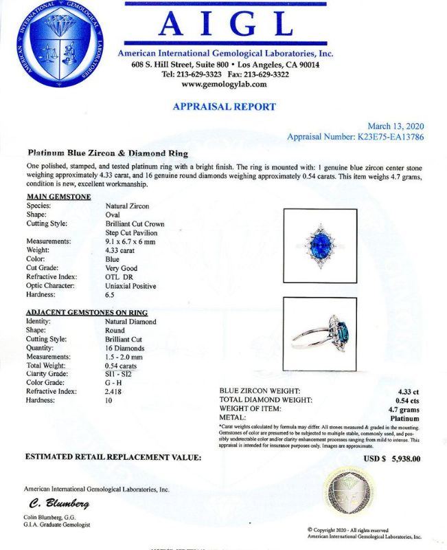 Photo 1 of ORIANNE 4.33ct BUE ZIRCON & 0.54ctw DIAMOND PLATINUM RING SIZE 6 3/4, WEIGHT OF ITEM: 4.7 grams,  WITH APPRAISAL - RN028220
