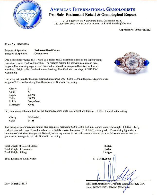 Photo 1 of 0.49ctw Blue Sapphire and 1.63ctw Diamond 18K White Gold Ring Size 7 with Appraisal RN021655

