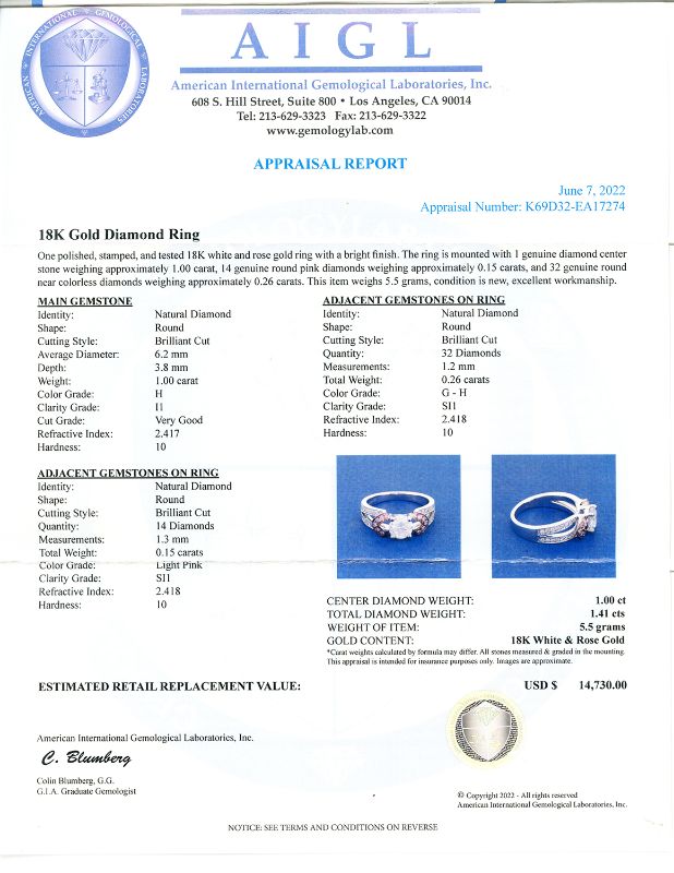 Photo 1 of 1.00ct CENTER Diamond 18K White and Rose Gold Ring Size 7 (1.41ctw Diamonds) with Appraisal RN032402