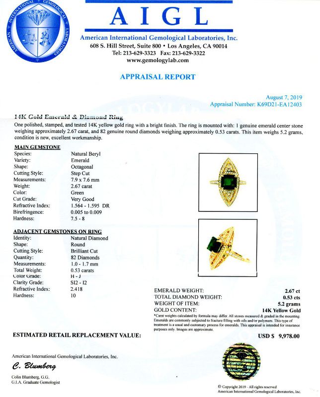 Photo 1 of 2.67ct Emerald and 0.53ctw Diamond 14K Yellow Gold Ring Size 6 3/4 with Appraisal RN026766

