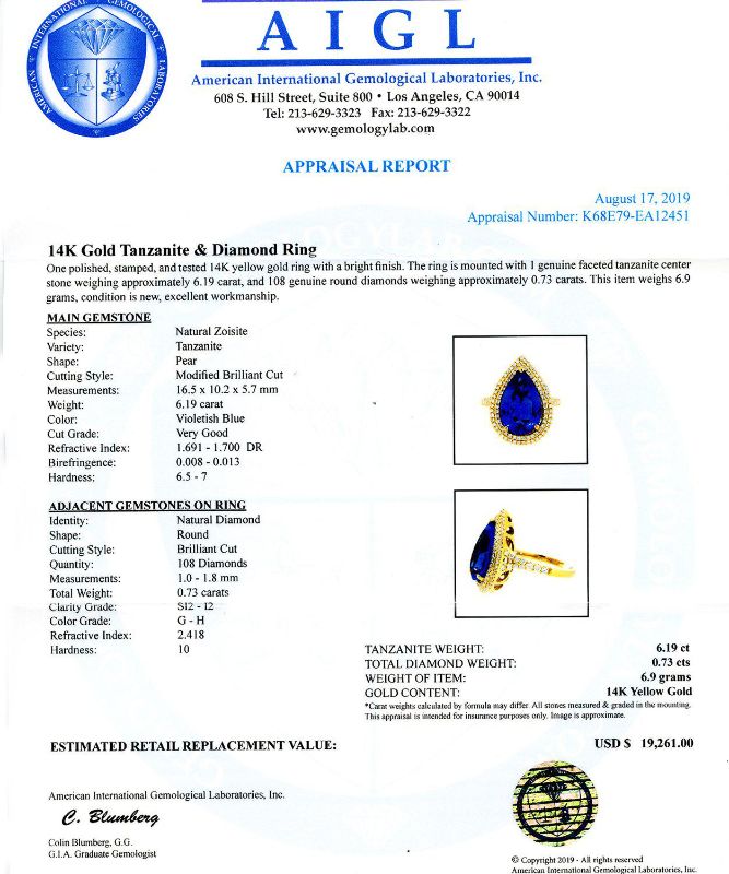 Photo 1 of 6.19ct Tanzanite and 0.73ctw Diamond 14K Yellow Gold Ring Size 7 with Appraisal RN026796


