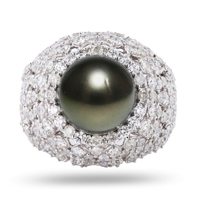 Photo 1 of 11mm Tahitian Pearl and 3.00ctw Diamond 18K White Gold Ring Size 6 1/2 with Appraisal RN031147

