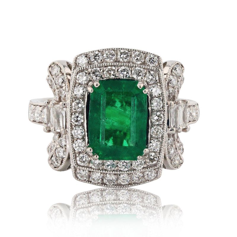 Photo 1 of 2.34ct Emerald and 1.03ctw Diamond Platinum Ring Size 7 with Appraisal RN027721