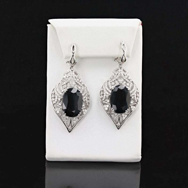 Photo 1 of 32.55ctw Blue Sapphire and 2.90ctw Diamond 14K White Gold Earrings with Appraisal ER005976

