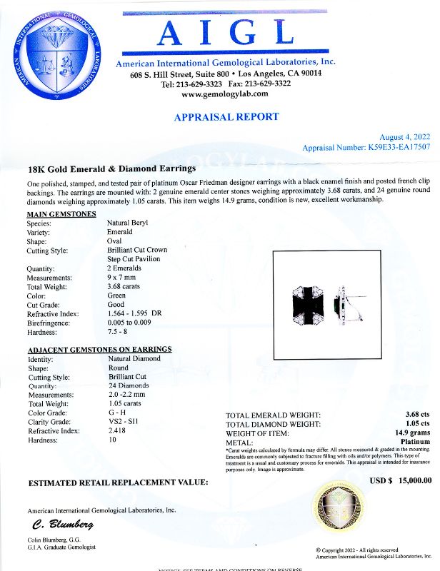 Photo 1 of 3.68ctw Emerald and 1.05ctw Diamond Platinum Earrings with Appraisal ER006711

