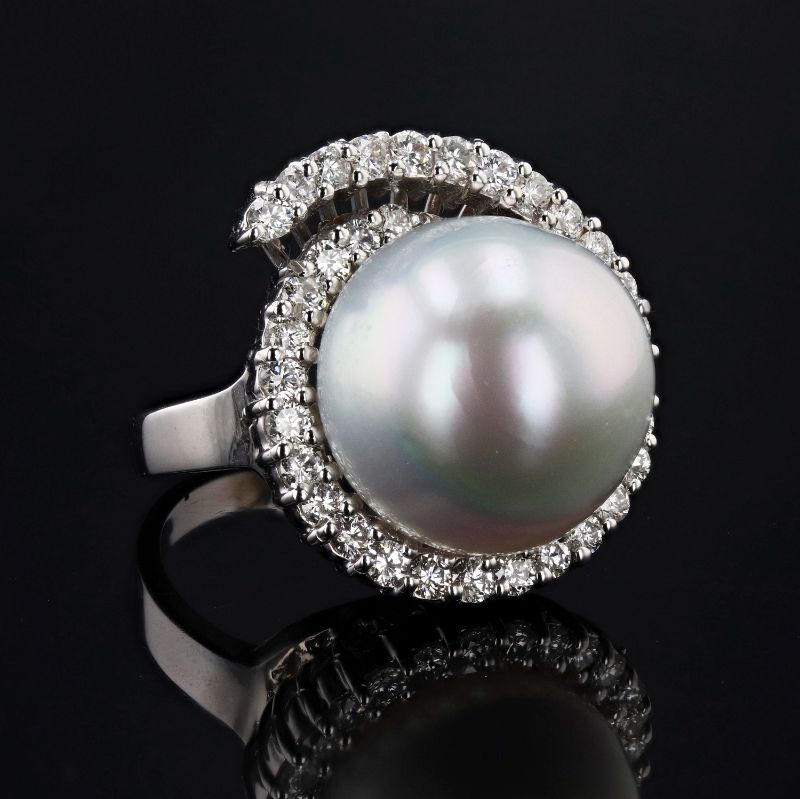 Photo 1 of 16.4mm South Sea Pearl and 1.42ctw Diamond 18K White Gold Ring Size 7 with Appraisal RN032817

