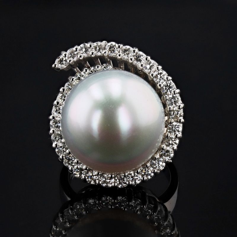 Photo 1 of 16.4mm South Sea Pearl and 1.42ctw Diamond 18K White Gold Ring Size 7 with Appraisal RN032817