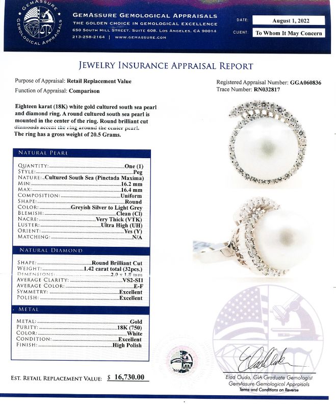 Photo 1 of 16.4mm South Sea Pearl and 1.42ctw Diamond 18K White Gold Ring Size 7 with Appraisal RN032817

