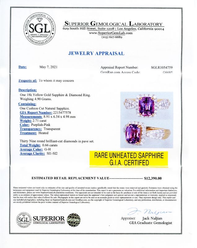 Photo 1 of 2.71ct Purplish-Pink Sapphire and 0.66ctw Diamond 18K Yellow Gold Ring Size 6 1/2 with Appraisal (GIA CERTIFIED) RN029991


