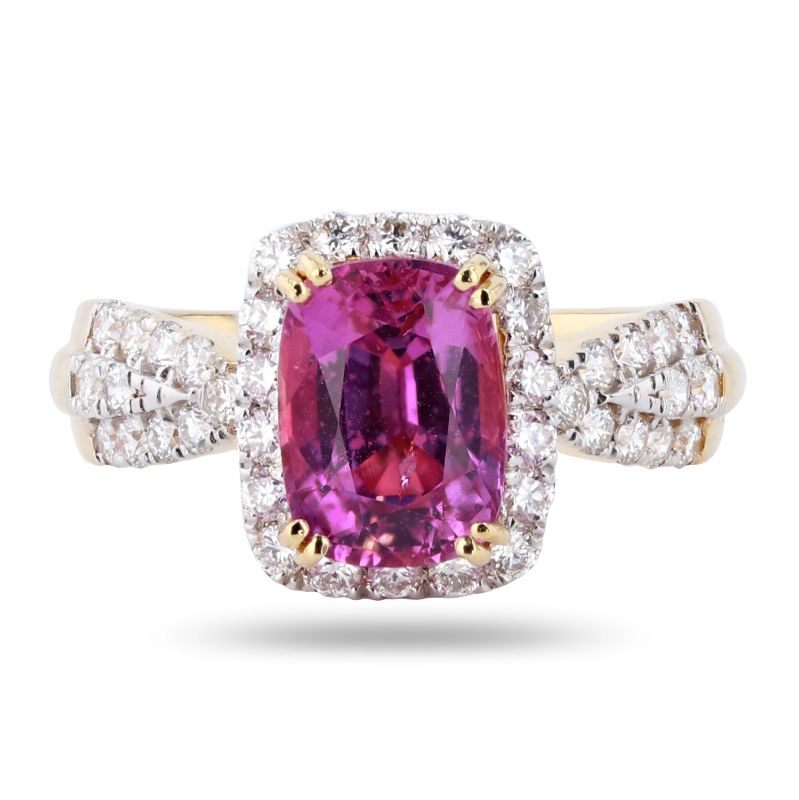 Photo 1 of 2.71ct Purplish-Pink Sapphire and 0.66ctw Diamond 18K Yellow Gold Ring Size 6 1/2 with Appraisal (GIA CERTIFIED) RN029991

