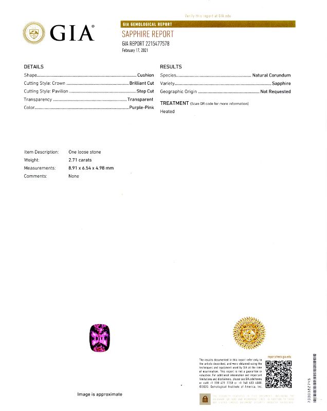 Photo 1 of 2.71ct Purplish-Pink Sapphire and 0.66ctw Diamond 18K Yellow Gold Ring Size 6 1/2 with Appraisal (GIA CERTIFIED) RN029991

