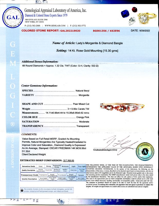 Photo 1 of 9.99ctw Morganite and 1.32ctw Diamond 14K Rose Gold Bangle with Appraisal BG001356

