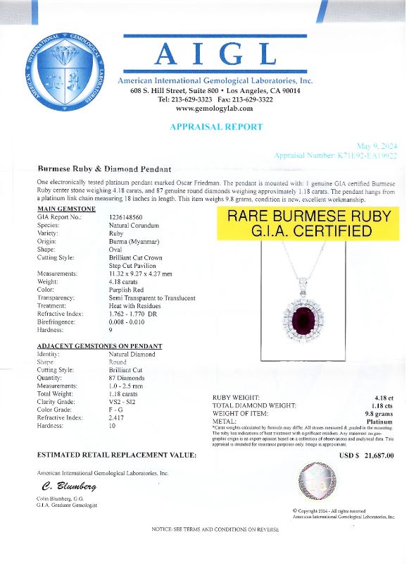 Photo 1 of 4.18ct BURMESE Ruby and 1.18ctw Diamond Platinum Pendant (GIA CERTIFIED) with Appraisal NK015807

