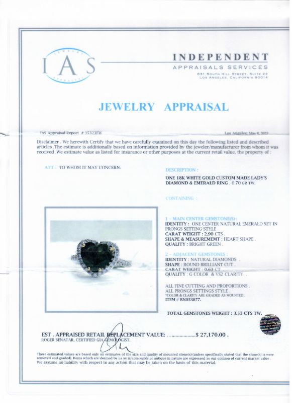 Photo 1 of 2.90ct Heart Shaped Emerald and 0.63ctw Diamond 18K White Gold Ring Size 1/4 with Appraisal RN033877