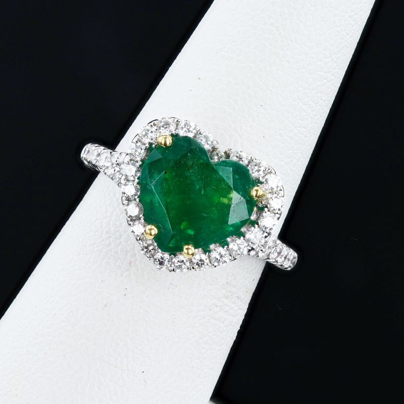 Photo 1 of 2.90ct Heart Shaped Emerald and 0.63ctw Diamond 18K White Gold Ring Size 1/4 with Appraisal RN033877
