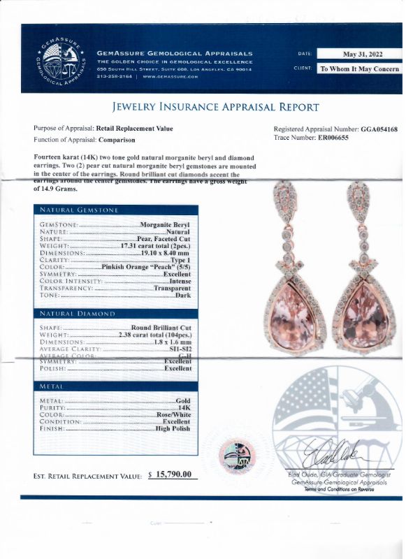 Photo 1 of 17.31ctw Morganite and 2.38ctw Diamond 14K Rose and White Gold Earrings with Appraisal ER006655

