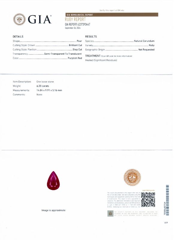 Photo 1 of 6.20ct Ruby and 1.09ctw Diamond Platinum Ring Size 7 1/4 (GIA CERTIFIED) with Appraisal RN037836

