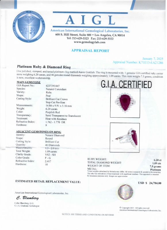 Photo 1 of 6.20ct Ruby and 1.09ctw Diamond Platinum Ring Size 7 1/4 (GIA CERTIFIED) with Appraisal RN037836

