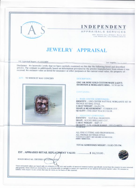Photo 1 of 11.25ct Morganite and 0.67ctw Diamond 14K Rose Gold Ring size 7 1/4 with Appraisal RN037456


