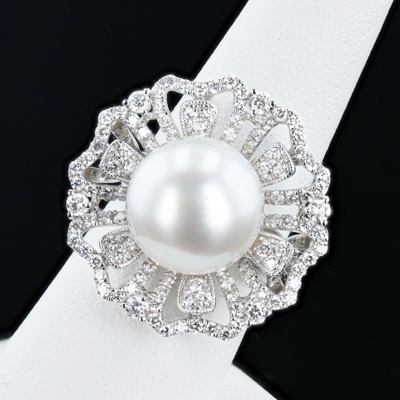 Photo 1 of 13mm White South Sea Cultured Pearl and 1.46ctw Diamond Platinum Ring  Size 6 1/2 (GIA CERTIFIED) with Appraisal RN037073

