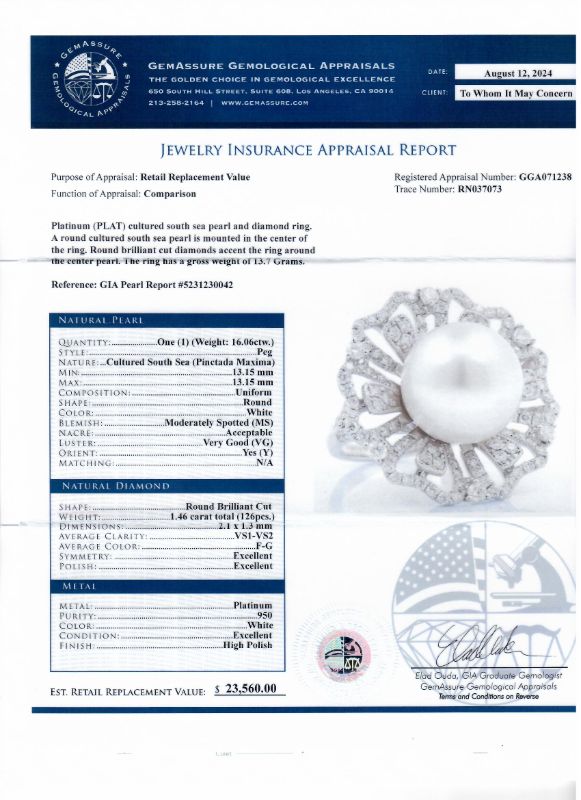 Photo 1 of 13mm White South Sea Cultured Pearl and 1.46ctw Diamond Platinum Ring  Size 6 1/2 (GIA CERTIFIED) with Appraisal RN037073

