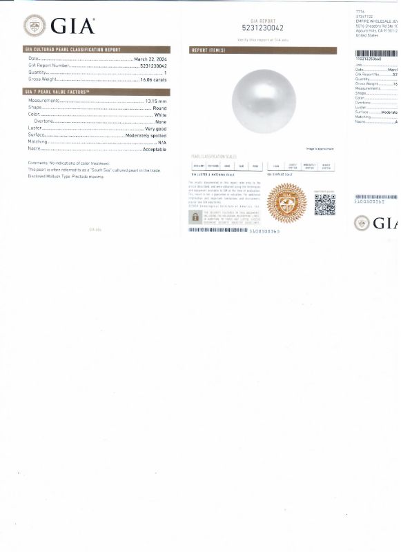 Photo 1 of 13mm White South Sea Cultured Pearl and 1.46ctw Diamond Platinum Ring  Size 6 1/2 (GIA CERTIFIED) with Appraisal RN037073

