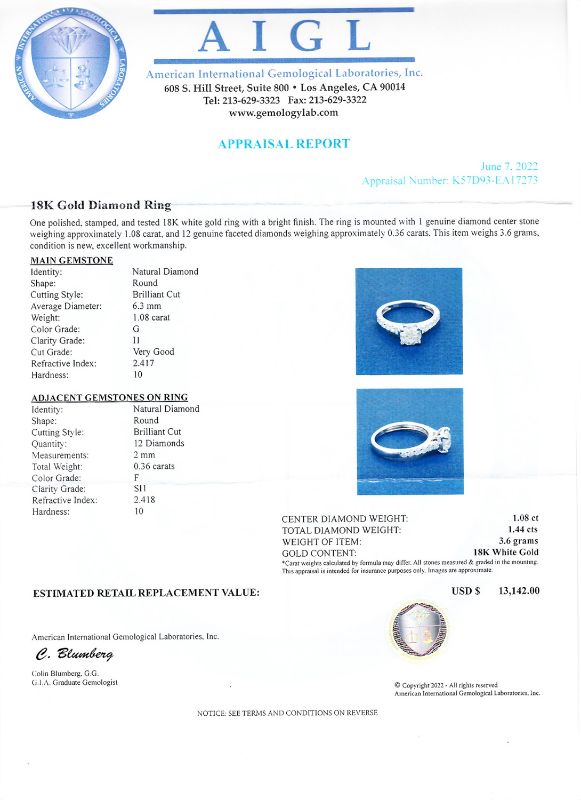 Photo 1 of 1.08ct G COLOR I1 CLARITY CENTER Diamond 18K White Gold Ring Size 6 1/4 with Appraisal RN032406