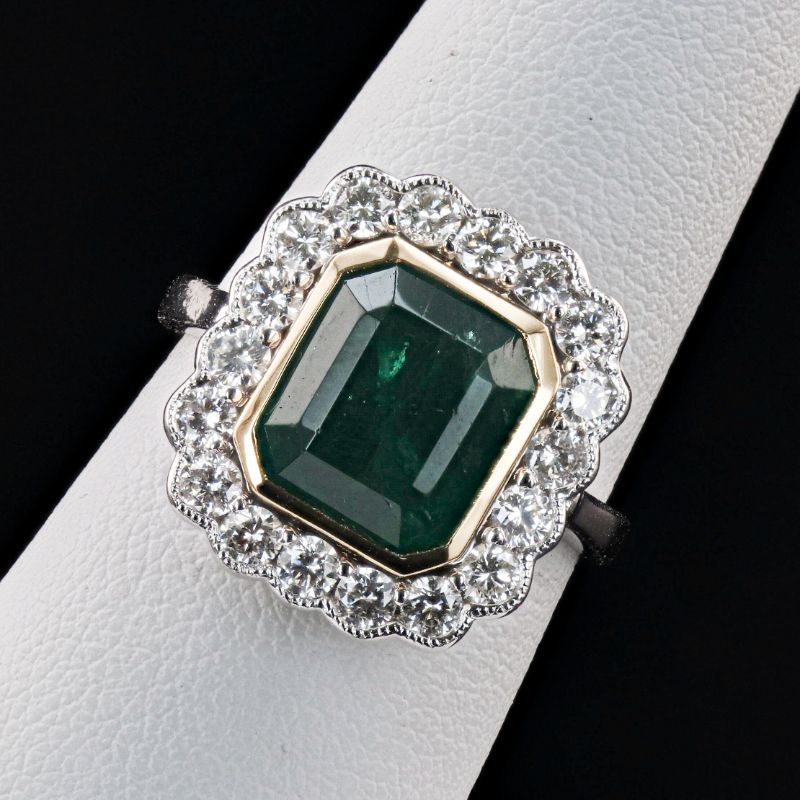Photo 1 of 3.58ct Emerald and 0.87ctw Diamond 18K Yellow and White Gold Ring Size 6 1/2 with Appraisal RN032438


