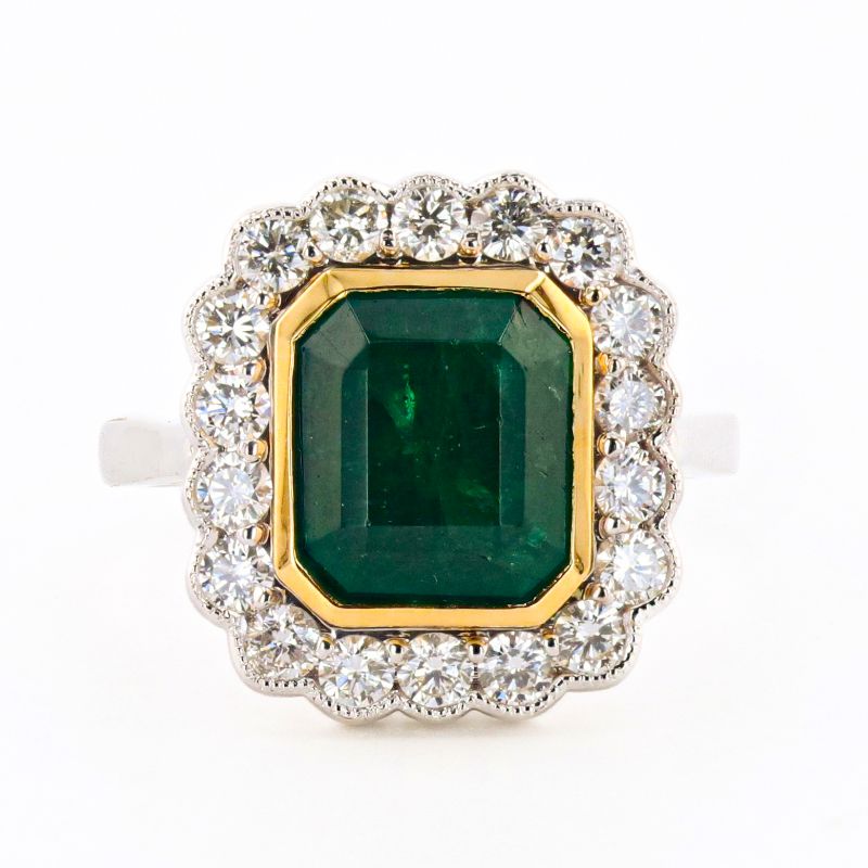 Photo 1 of 3.58ct Emerald and 0.87ctw Diamond 18K Yellow and White Gold Ring Size 6 1/2 with Appraisal RN032438


